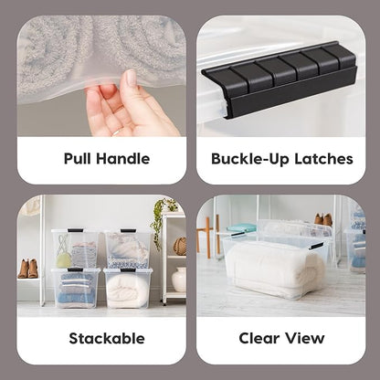 IRIS USA 72 QT Plastic Storage Box with Lid and Latches - 4 Pack - BPA-Free, See-Through Organizing Solution, Durable Nestable Stackable Containers, Secure Pull Handle - Clear