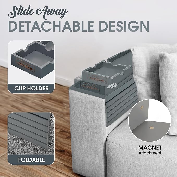 Couch Cup Holder Tray with 2 Cork Coasters, Couch Arm Tray, 2 in 1 Anti-Slip Foldable Sofa Arm Tray, Couch Armrest Table, Anti-Spill Couch Arm Table for Drinks TV Remote Cellphone Snacks (Grey)