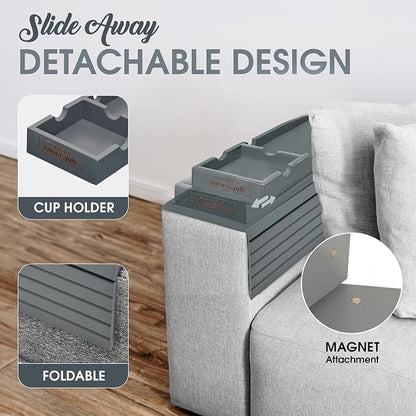 Couch Cup Holder Tray with 2 Cork Coasters, Couch Arm Tray, 2 in 1 Anti-Slip Foldable Sofa Arm Tray, Couch Armrest Table, Anti-Spill Couch Arm Table for Drinks TV Remote Cellphone Snacks (Grey)