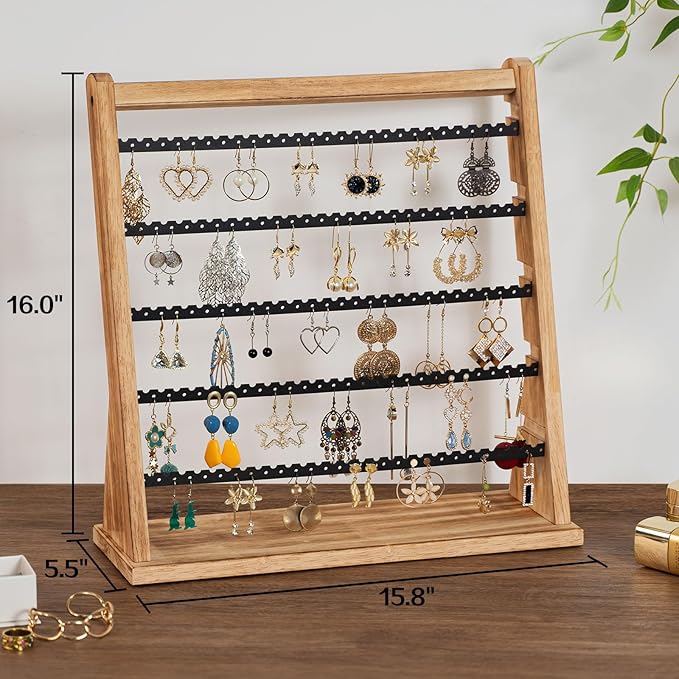 Poyilooo Earring Holder Organizer, Rustic Wood Earring Holder Stand, 5 Layer Jewelry Holder Organizer with 270 Earring Tree Holes Display Rack for Stud Earings & Hoop Earrings, Gifts for Women