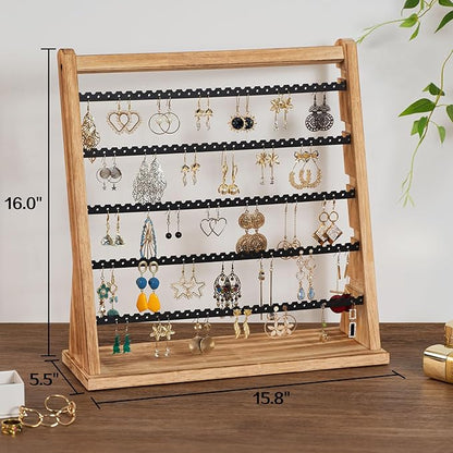 Poyilooo Earring Holder Organizer, Rustic Wood Earring Holder Stand, 5 Layer Jewelry Holder Organizer with 270 Earring Tree Holes Display Rack for Stud Earings & Hoop Earrings, Gifts for Women