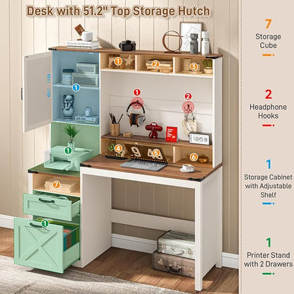 Vabches 51" Executive Desk Farmhouse Home Office Desk with Charging Station, File Drawer, Storage Cabinet, Monitor Stand, Wood Computer Desk with Hutch for Work Study Writing (White)