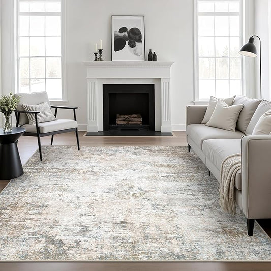 4x4 Area Rug Living Room Rug: Washable Modern Abstract Soft Thin Rug Indoor Floor No Slip Stain Resistant Carpet for Bedroom Dining Room Farmhouse Nursery Home Office - Brown Grey