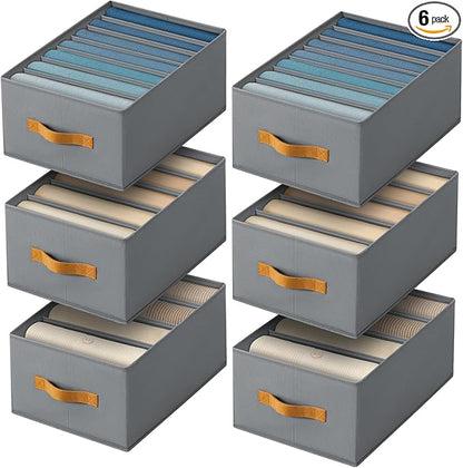 Homsorout Clothes Organizers and Storage - 4/5/7 Grids Fabric Jeans Organizer with Handles, Foldable Closet Organizers Dividers, Wardrobe organizer for Pant, Sweater, T-shirt, Scarf, 6 Pack, Pale Grey