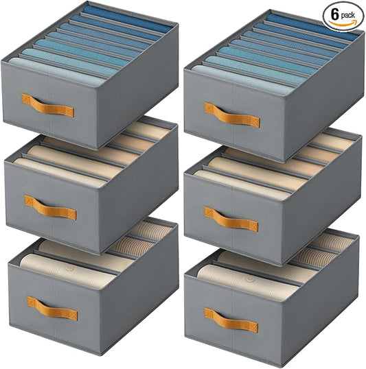 Homsorout Clothes Organizers and Storage - 4/5/7 Grids Fabric Jeans Organizer with Handles, Foldable Closet Organizers Dividers, Wardrobe organizer for Pant, Sweater, T-shirt, Scarf, 6 Pack, Pale Grey
