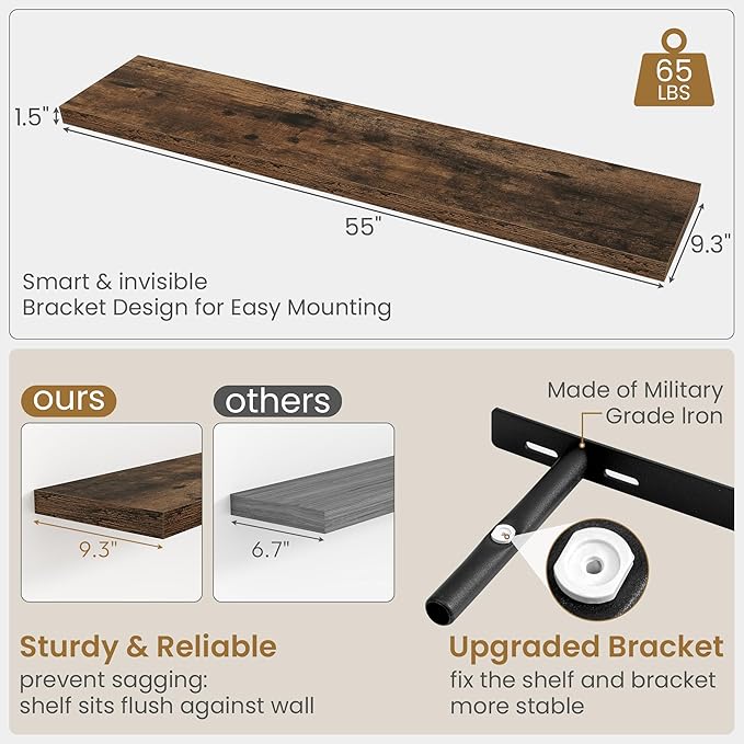 Fun Memories 55 Inch Long Floating Shelves for Wall, 55x9.3 Large Floating Shelf for Bedroom, Kitchen, Bathroom, Wall Mounted Rustic Wood Shelves with Invisible Bracket for Books, Decor, Rustic Brown
