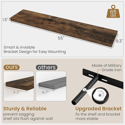 Fun Memories 55 Inch Long Floating Shelves for Wall, 55x9.3 Large Floating Shelf for Bedroom, Kitchen, Bathroom, Wall Mounted Rustic Wood Shelves with Invisible Bracket for Books, Decor, Rustic Brown