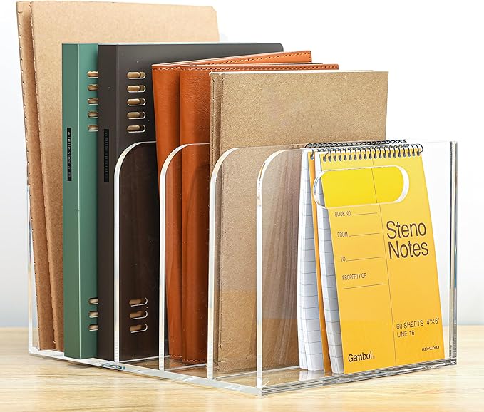 Acrylic Magazine File Holder, 5 Vertical Compartments Desk Document Sorter Organizer, Clear Folder Rack Binder for Office/Documents/Classroom, for Home, Tablet, Magazines, Books & Accessories