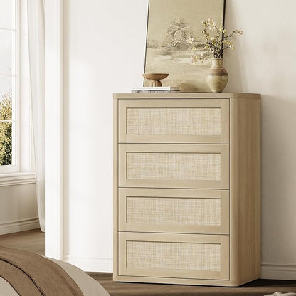 SICOTAS 4 Drawer Dresser for Bedroom-40.59'' Tall Rattan Bedroom Dressers with Oversized Drawers, Boho Wooden Chest of Drawers, Push-to-Open Storage Dresser for Closet, Nursery, Sand Oak, 3PCS