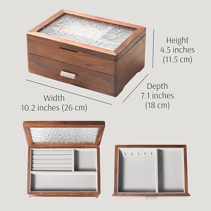 Wooden Jewelry Box, Large Size Case, Natural Solid Walnut Wood Vintage Trinket Organizer with 2-Layer Storage, Drawer, Ring Compartments, Necklace Hooks, Glass Lid, ek06-b-walnut