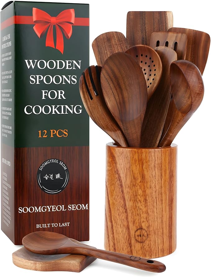 SOOMGYEOL SEOM 12-Piece Teak Wood Cooking Utensil Set | Wooden Spoons, Spurtles and Spatulas, Holder and Spoon Rest Included, Nonstick Safe Kitchen Tools