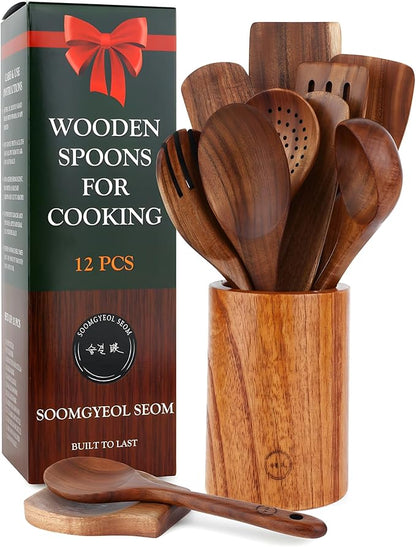 SOOMGYEOL SEOM 12-Piece Teak Wood Cooking Utensil Set | Wooden Spoons, Spurtles and Spatulas, Holder and Spoon Rest Included, Nonstick Safe Kitchen Tools