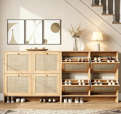 Nicetree Shoe Cabinet Storage for Entryway, 4-Flip Drawer Narrow Shoe Rack, Organic Modern Rattan Shoe Organizer with Gold Legs, Shoe Organizer Fits Men's Size 13.5, Sun-Drenched Amber Oak