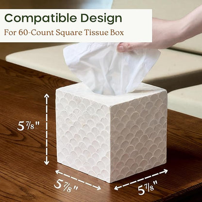 5.8” Capiz Tissue Box Cover, Square Decorative Tissue Holder with Bottom Slider, Handmade Bathroom Accessories, Elegant White Cube for Vanity, Bedroom, Office & Coastal Décor (Natural)