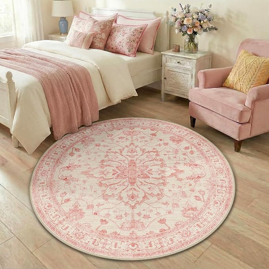 RELEANY Area Rugs Round 4ft Washable Non-Slip, Floral Vintage Distress Medallion Carpet for Living Room Bedroom Dining Room, Pink Light Vintage Pink