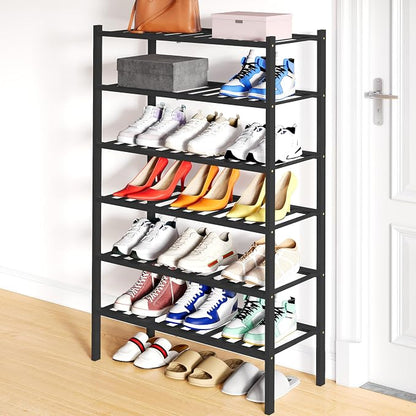 Smiry Bamboo Shoe Rack, 6 Tier Free Standing Wooden Shoe Organizer, Stackable Wood Shoe Storage Shelf for Closet, Entryway, 12 Vertical Slats, 2+2+2 Stack Standard Legs, 26.8"x11"x39", Black