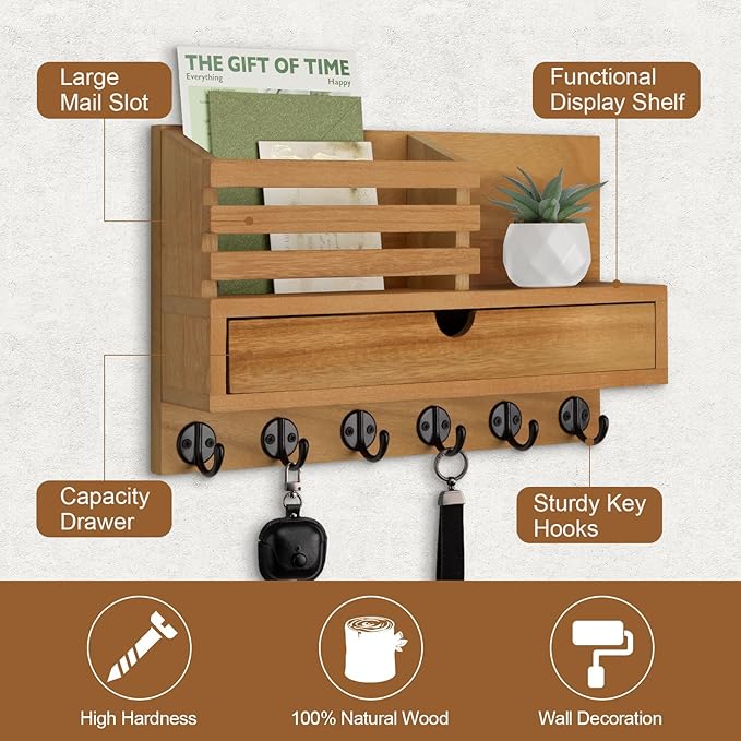 Key Holder Wall Mount, Mail Holder with Storage Drawer and 6 Key Hooks for Coat, Dog Leash, Home Decor Rack, House Accessories, Entry Way Organizer