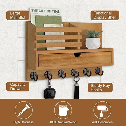 Key Holder Wall Mount, Mail Holder with Storage Drawer and 6 Key Hooks for Coat, Dog Leash, Home Decor Rack, House Accessories, Entry Way Organizer