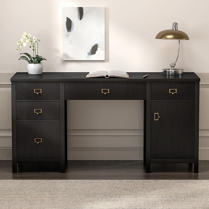 59" Executive Desk with File Drawer, Farmhouse Computer Desk with Charging Station and Storage Cabinet Wood Home Office Desk for Writing Study, Black