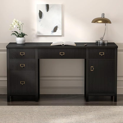 59" Executive Desk with File Drawer, Farmhouse Computer Desk with Charging Station and Storage Cabinet Wood Home Office Desk for Writing Study, Black