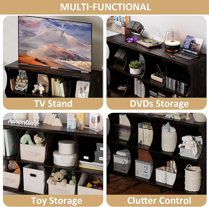 8 Cube Book Shelf, Low and Short Bookshelf, Long Cube Storage Organizer Wood TV Stand, Toy Organization DVD Cabinets for Living Room, Office, Bedroom, Dorm, Dark Brown with Dark Brown Top