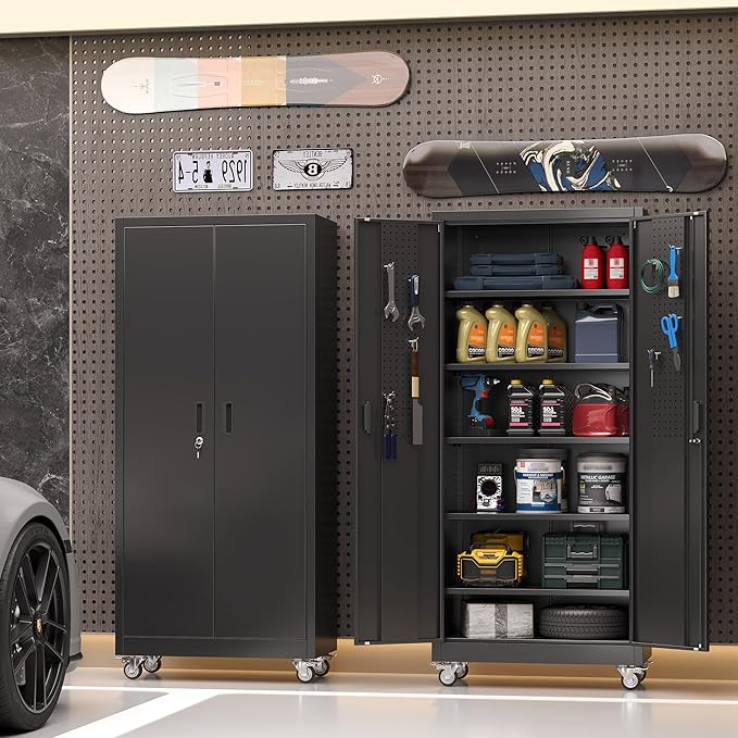 Garage Storage Cabinet with Wheels and Pegboard, 71" H x 32" W x 16" D Lockable Metal Storage Cabinet with 5 Adjustable Shelves and 2 Doors for Garage Home, Assembly Required, Black