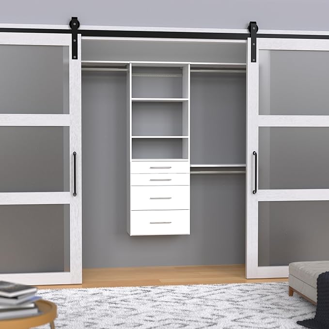 ClosetMaid SuiteSymphony Modern Hanging Closet Kit Includes (1) Tower, (3) Closet Rods, (4) Shelves, (3) Top Shelves w/Brackets, and (4) Drawers, White