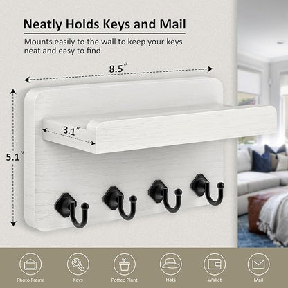 Nekon Key Holder Wall Mount, 8.5 Inch Small Home Decor Wooden Wall Organizer with 4 Hooks and Shelf, Key and Mail Holder for Living Room Entryway Kitchen(White)
