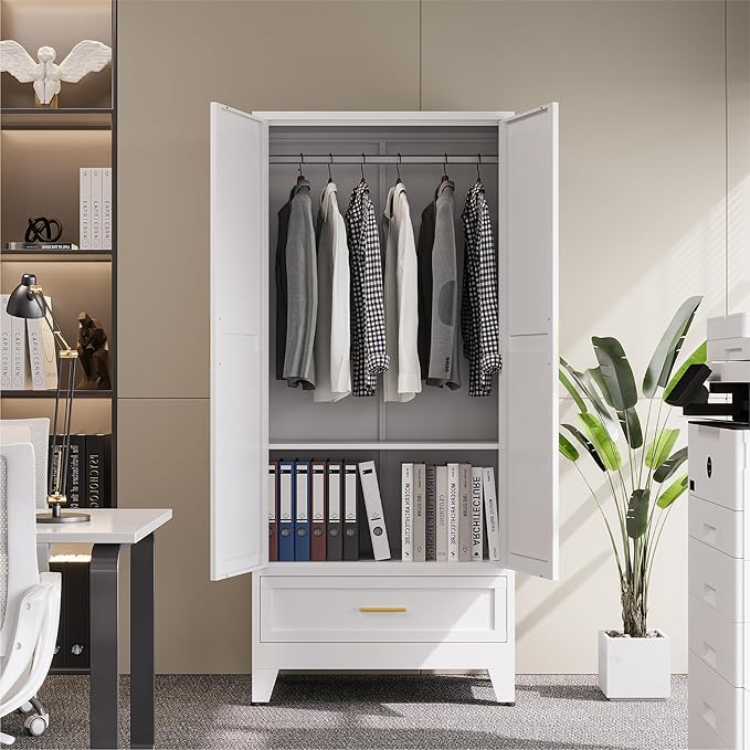COFaR Wardrobe Closet, 71” Tall Metal Armoire with Hanging Rod, Adjustable Shelf & Drawer, Freestanding Steel Clothing Storage Cabinet with Doors for Bedroom, Office, Apartment (White)