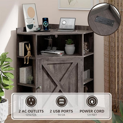 Vabches Corner Cabinet, Corner Storage Shelf with USB Ports and Outlets Industrial Organizer for Small Space Wooden 6-Cubby Bookshelf for Study, Playroom, Living Room (Rustic Grey)
