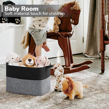 Goodpick Woven Storage Baskets for Organizing, Cotton Rope Organizer for Living Room, Closet Storage Bins for Toys Books, Rectangle Laundry Basket with Handles, 13"x10"x9", Black & Gray