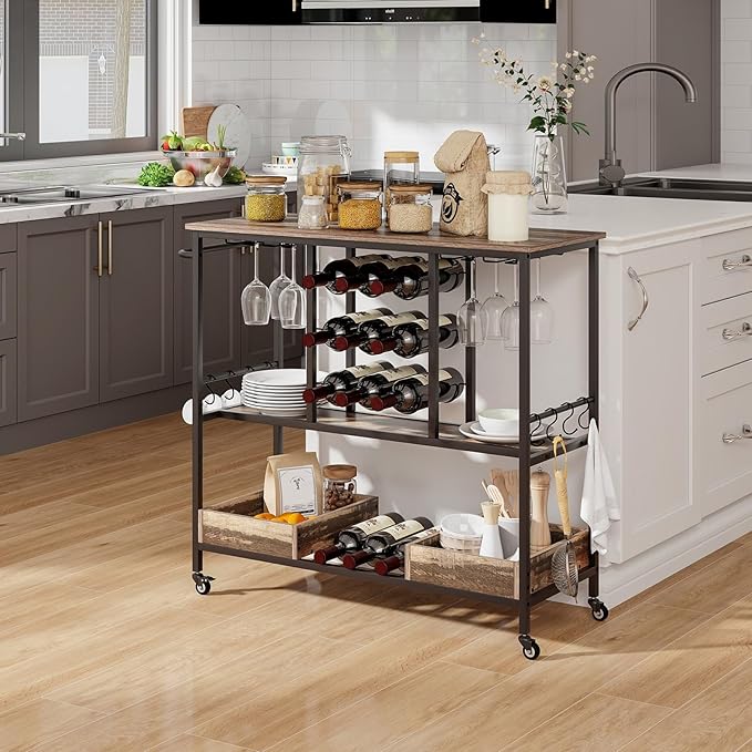 Giantex Bar Cart, 3 Tier Home Serving Cart on Wheels, Glass Racks, 12 Wine Holders, 8 Hooks & Storage Boxes, Industrial Rolling Beverage Cart for Coffee Bar, Kitchen, Dining Room