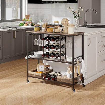 Giantex Bar Cart, 3 Tier Home Serving Cart on Wheels, Glass Racks, 12 Wine Holders, 8 Hooks & Storage Boxes, Industrial Rolling Beverage Cart for Coffee Bar, Kitchen, Dining Room