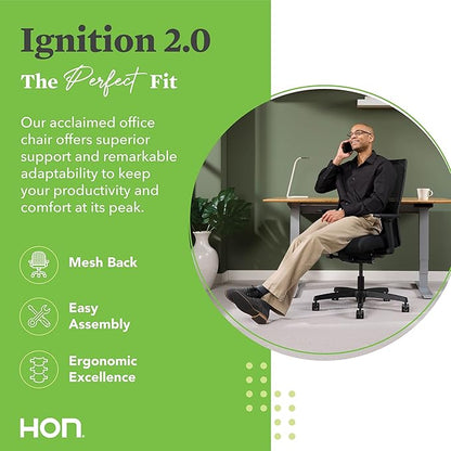HON Ignition 2.0 Ergonomic Office Chair Fabric Seat, Adjustable Tilt, Swivel Wheels, Comfy for Long Hours, Home Office Desk Chairs, Fog