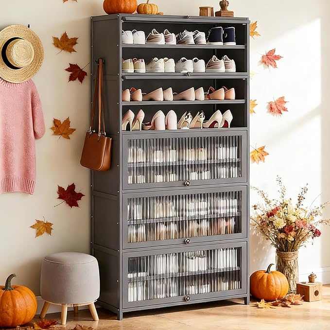 10-Tier Large Shoe Cabinet with Acrylic Doors, Large Capacity Bamboo Shoe Cabinet, 40-45 Pairs Shoe Rack, Free Standing Shoe Rack,Entrance for Hallway Living Room