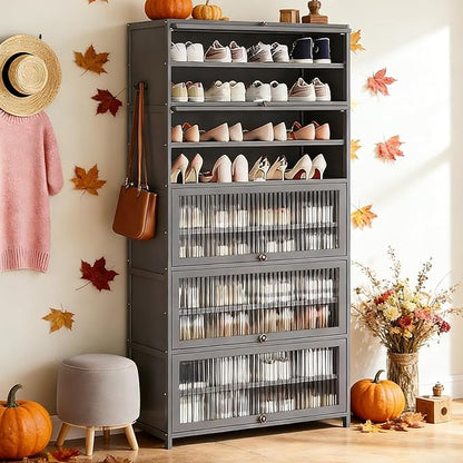 10-Tier Large Shoe Cabinet with Acrylic Doors, Large Capacity Bamboo Shoe Cabinet, 40-45 Pairs Shoe Rack, Free Standing Shoe Rack,Entrance for Hallway Living Room