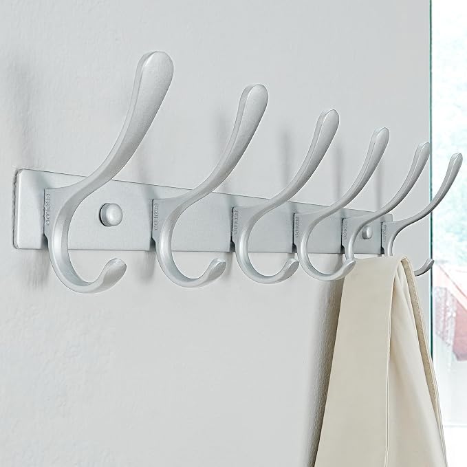 SKOLOO Coat Rack Wall Mounted - 6 Hooks, Pack of 2, Heavy Duty, Stainless Steel, Metal Wall Hanger, Sturdy Coat Hooks for Hanging Coats, Jacket, Clothes, Hat, Cold Light Silver