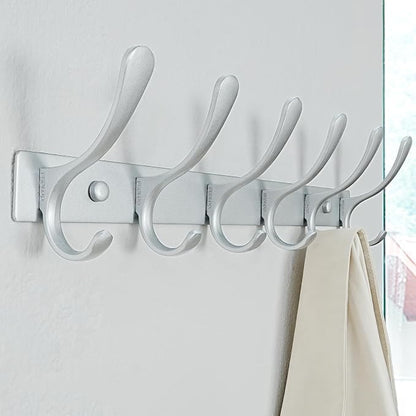 SKOLOO Coat Rack Wall Mounted - 6 Hooks, Pack of 2, Heavy Duty, Stainless Steel, Metal Wall Hanger, Sturdy Coat Hooks for Hanging Coats, Jacket, Clothes, Hat, Cold Light Silver