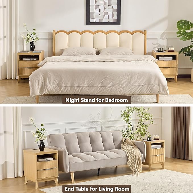 Nightstand with Charging Station,18" W Night Stand 2 Drawers Open Storage,Modern Bedside Table,Fluted Nightstand End Table with Widened Handle for Bedroom Living Room Sofa Office