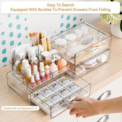 Yieach 5 Tier Clear Acrylic Makeup Organizers with Drawers,Tiered Countertop Make up Storage Organizer for Dresser Top and Bathroom Vanity,Plastic Makeup Stand for Brush,Skincare,Beauty Organizers