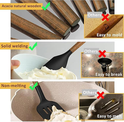 Silicone Cooking Utensil Set, Umite Chef 8-Piece Kitchen Utensils Set with Natural Acacia Wooden Handles,Food-Grade-Silicone Kitchen Gadgets Spatulas Set for Nonstick Cookware- Black