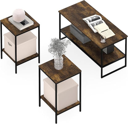 Furinno Simplistic Coffee Table and End Table Set of 3, Modern Metal Frame 2-Tier Coffee Table & 2 Square Side Tables, Night Stands Set, for Living Room, Bedroom, Home Office, Amber Pine
