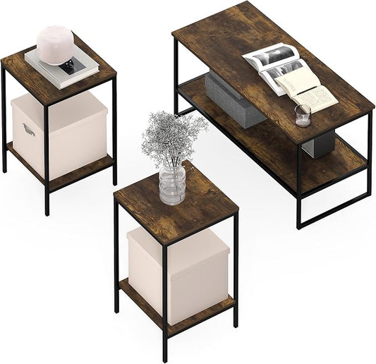 Furinno Simplistic Coffee Table and End Table Set of 3, Modern Metal Frame 2-Tier Coffee Table & 2 Square Side Tables, Night Stands Set, for Living Room, Bedroom, Home Office, Amber Pine