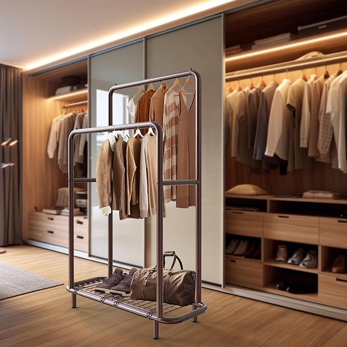 Simple Houseware Double Rod Clothing Garment Rack with Bottom Shelves, Bronze
