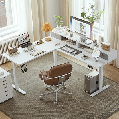 Agilestic L Shaped Electric Standing Desk with 2 Drawers, 63 Inch Ergonomic Adjustable Height Desk with Storage, Corner Desk Sit Stand up Computer Table for Work Office Home, White
