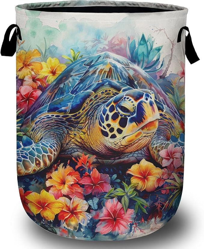 Sea Turtle Laundry Basket, Foldable Colorful Floral Laundry Hamper Tote Bag Dirty Clothes Storage Bucket Toy Organizer for Bathroom/Laundry/Bedroom 15.7"x19.6"