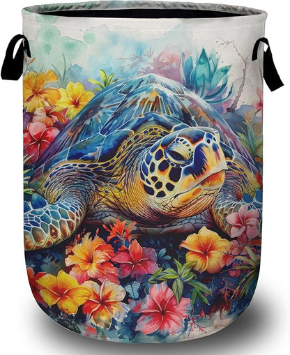 Sea Turtle Laundry Basket, Foldable Colorful Floral Laundry Hamper Tote Bag Dirty Clothes Storage Bucket Toy Organizer for Bathroom/Laundry/Bedroom 15.7"x19.6"