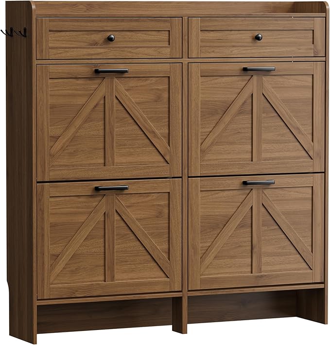 Shoe Storage Cabinet for Entryway, Farmhouse Wide Shoe Cabinet with 4 Flip Drawers and 2 Top Drawers, Freestanding Organizer with Adjustable Shelves, Hooks, and Anti-Tip Kit for Hallway