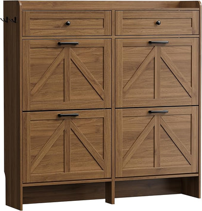 Shoe Storage Cabinet for Entryway, Farmhouse Wide Shoe Cabinet with 4 Flip Drawers and 2 Top Drawers, Freestanding Organizer with Adjustable Shelves, Hooks, and Anti-Tip Kit for Hallway