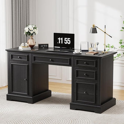 Vipbear 60" Executive Desk, Farmhouse Computer Desk with Drawers and File Cabinet, Embossed Texture Home Office Desks, Workspace for Work Study Writing, Black
